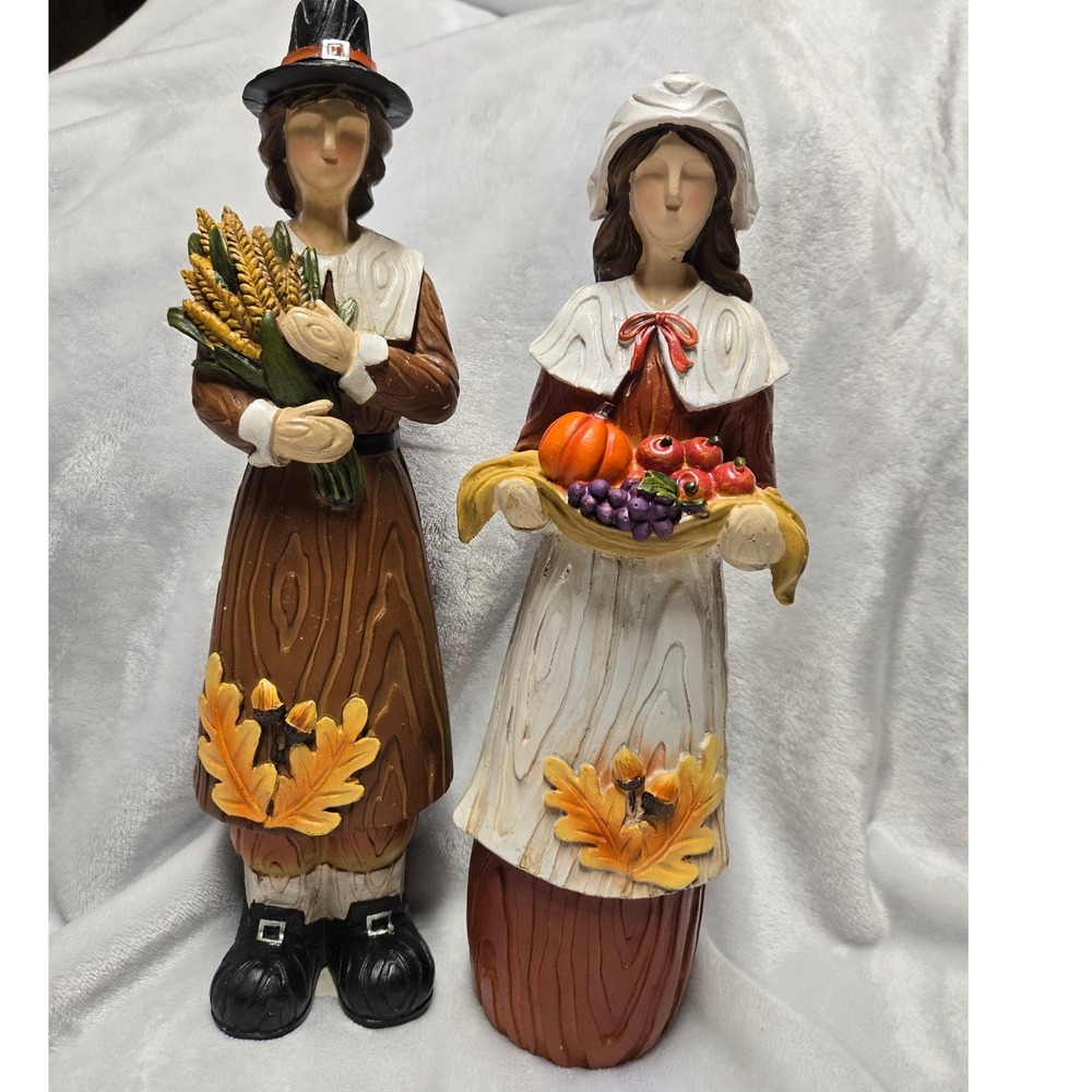 Old Time Pottery 13" Pilgrim Figurine Set Thanksgiving Harvest Decor Wood Look